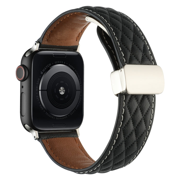 For Apple Watch Series 5 44mm Rhombus Pattern Magnetic Folding Buckle Leather Watch Band(Black) by bashfashion
