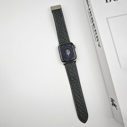 For Apple Watch Series 5 44mm Rhombus Pattern Magnetic Folding Buckle Leather Watch Band(Dark Green) by bashfashion
