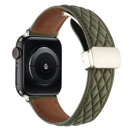 For Apple Watch Series 4 44mm Rhombus Pattern Magnetic Folding Buckle Leather Watch Band(Army Green) by bashfashion