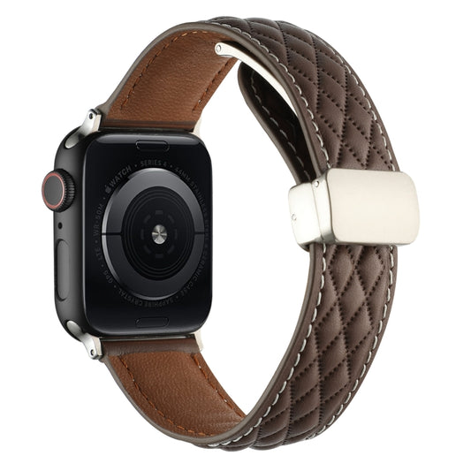 For Apple Watch Series 3 42mm Rhombus Pattern Magnetic Folding Buckle Leather Watch Band(Dark Coffee) by bashfashion