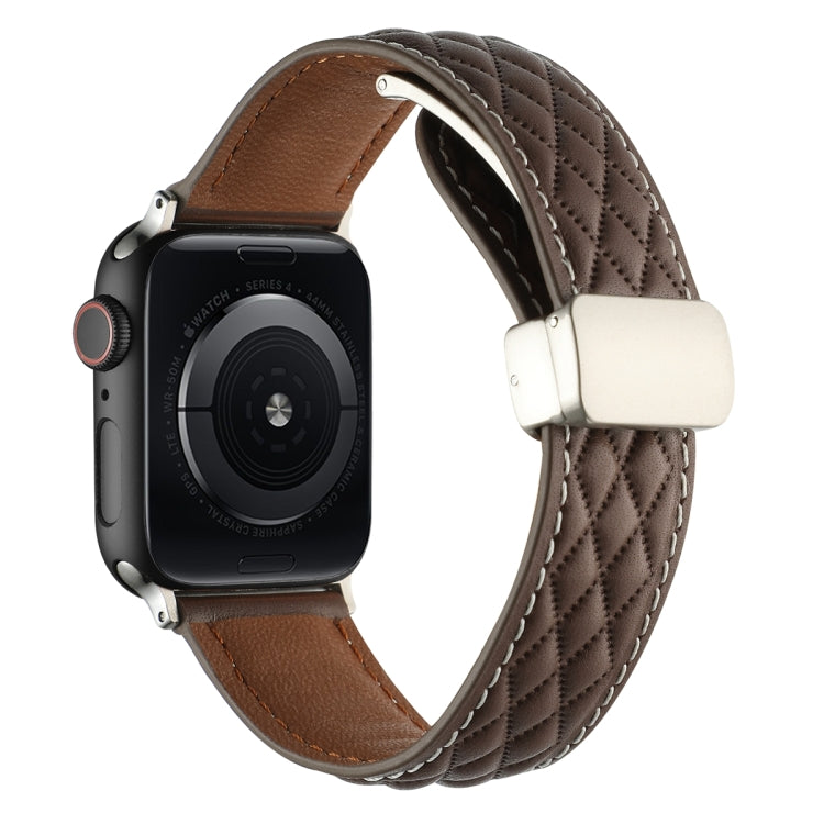 For Apple Watch Series 2 42mm Rhombus Pattern Magnetic Folding Buckle Leather Watch Band(Dark Coffee) by bashfashion