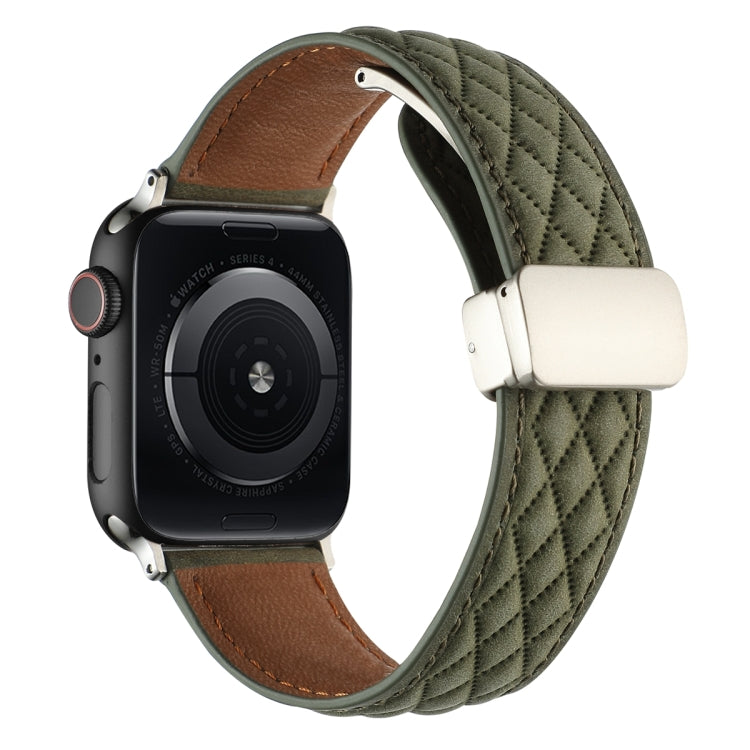For Apple Watch Series 2 42mm Rhombus Pattern Magnetic Folding Buckle Leather Watch Band(Army Green) by bashfashion