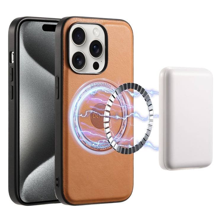 For iPhone 15 Pro Max Denior Cowhide Texture Leather MagSafe Phone Case(Khaki) by Denior