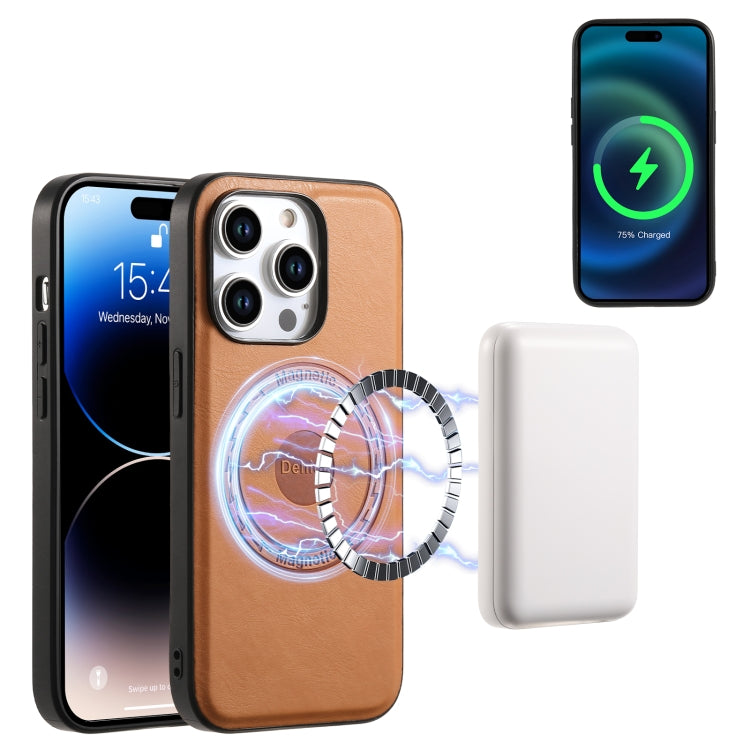 For iPhone 15 Pro Max Denior Cowhide Texture Leather MagSafe Phone Case(Khaki) by Denior