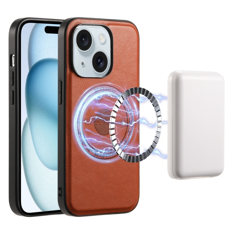 For iPhone 15 Plus Denior Cowhide Texture Leather MagSafe Phone Case(Brown) by Denior