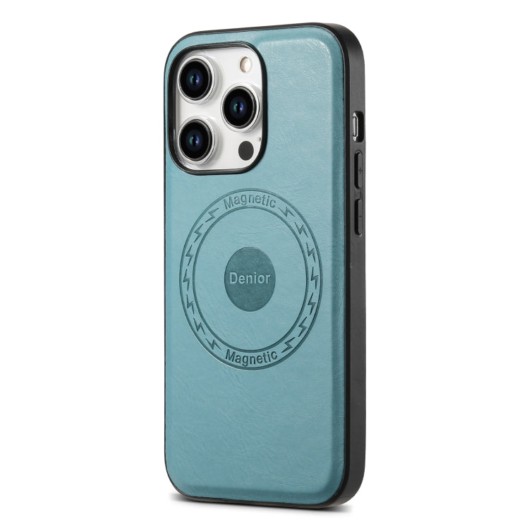For iPhone 15 Denior Cowhide Texture Leather MagSafe Phone Case(Blue) by Denior