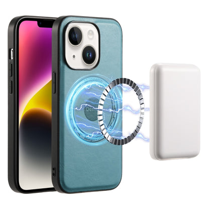 For iPhone 14 Plus Denior Cowhide Texture Leather MagSafe Phone Case(Blue) by Denior