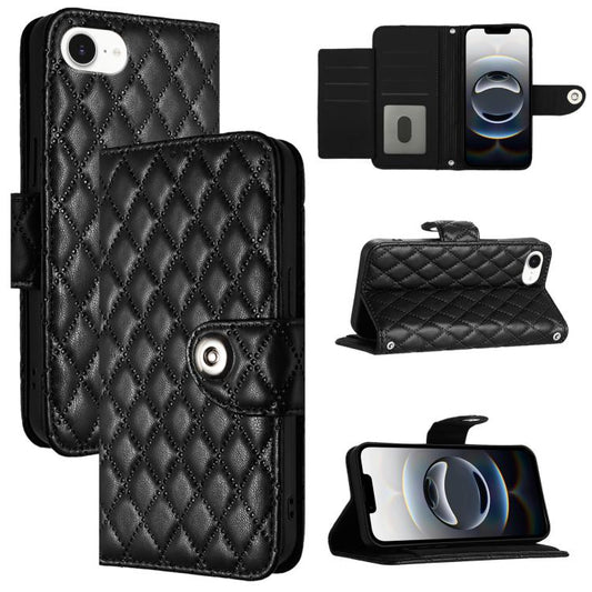 For iPhone SE 2024 Rhombic Texture Flip Leather Phone Case with Lanyard(Black) by bashfashion