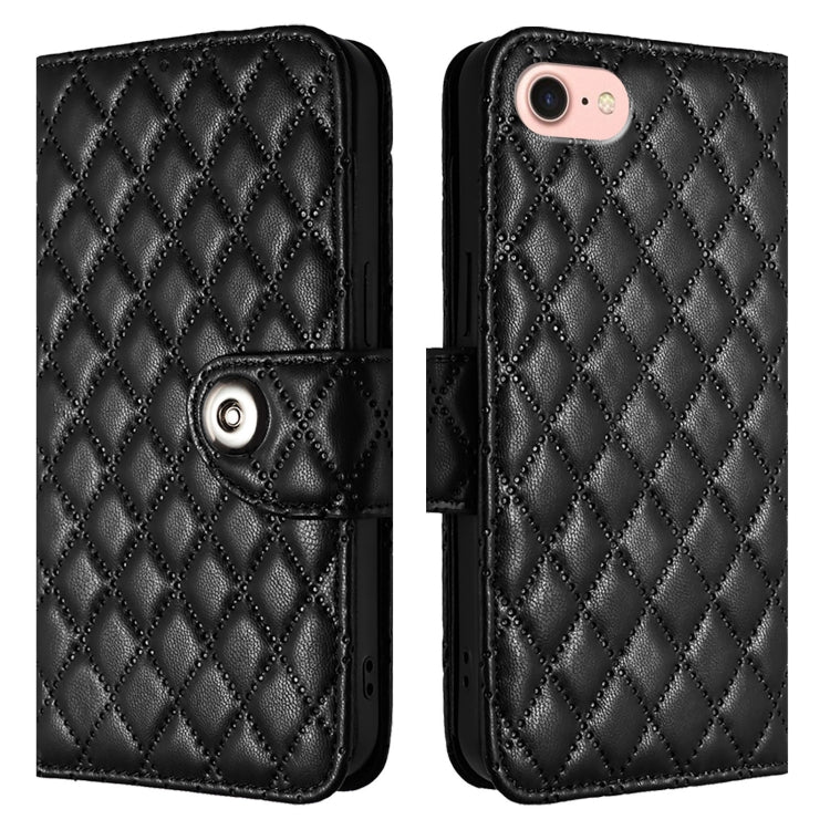 For iPhone SE 2024 Rhombic Texture Flip Leather Phone Case with Lanyard(Black) by bashfashion