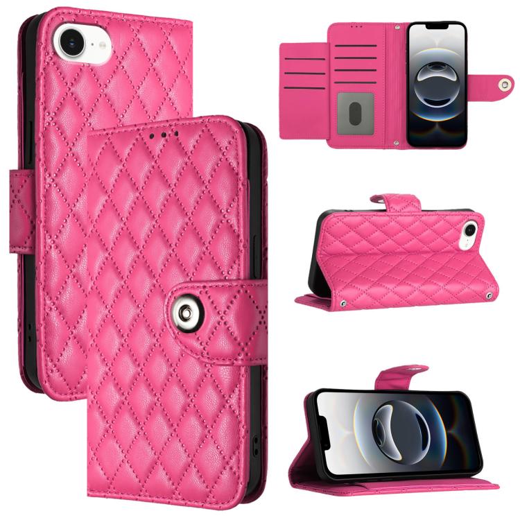 For iPhone SE 2024 Rhombic Texture Flip Leather Phone Case with Lanyard(Rose Red) by bashfashion