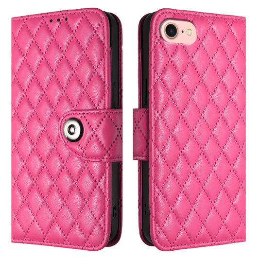 For iPhone SE 2024 Rhombic Texture Flip Leather Phone Case with Lanyard(Rose Red) by bashfashion