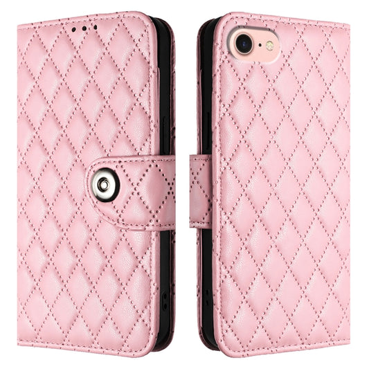 For iPhone SE 2024 Rhombic Texture Flip Leather Phone Case with Lanyard(Pink) by bashfashion