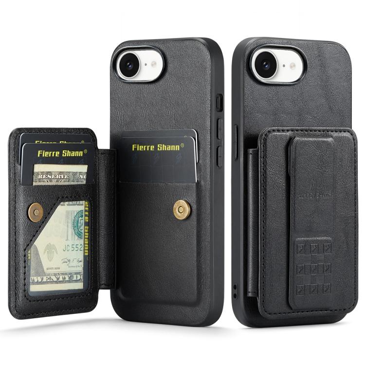 For iPhone 16e Fierre Shann Oil Wax Cow Leather Card Holder Back Phone Case(Black) by FIERRE SHANN