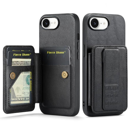 For iPhone 16e Fierre Shann Oil Wax Cow Leather Card Holder Back Phone Case(Black) by FIERRE SHANN