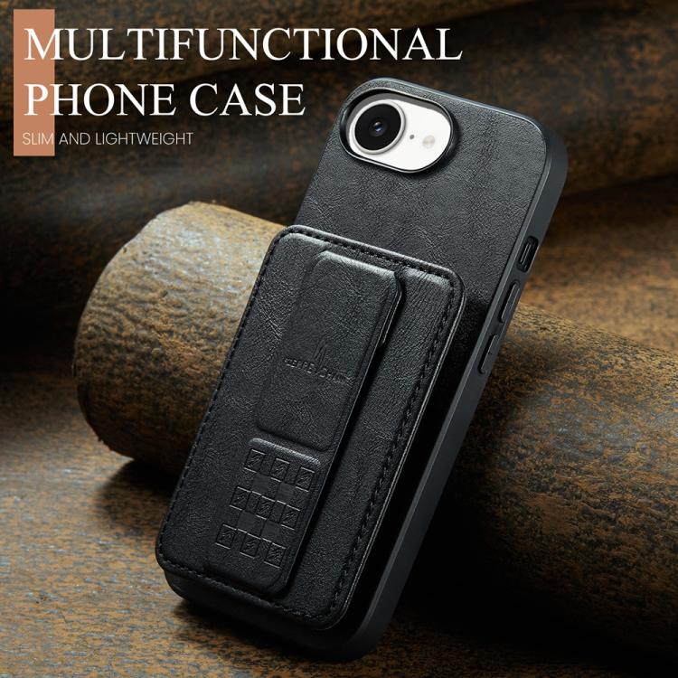 For iPhone 16e Fierre Shann Oil Wax Cow Leather Card Holder Back Phone Case(Black) by FIERRE SHANN