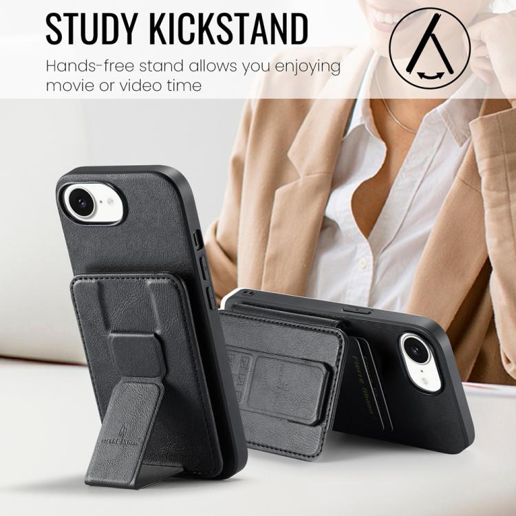 For iPhone 16e Fierre Shann Oil Wax Cow Leather Card Holder Back Phone Case(Black) by FIERRE SHANN