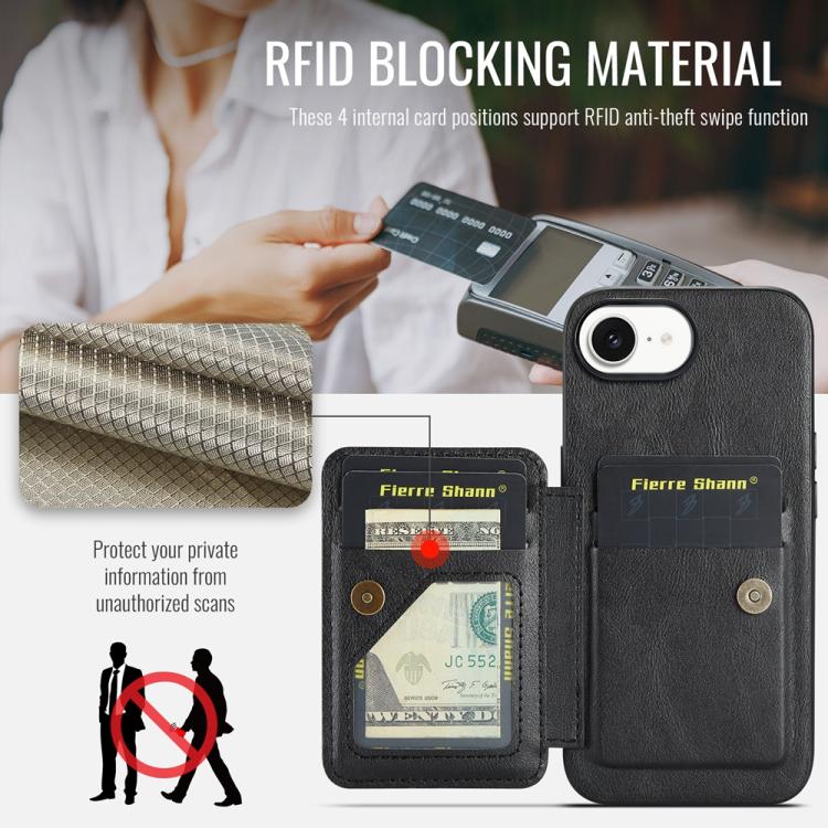 For iPhone 16e Fierre Shann Oil Wax Cow Leather Card Holder Back Phone Case(Black) by FIERRE SHANN