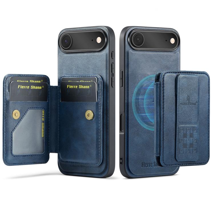 For iPhone Air Fierre Shann Oil Wax Cow Leather Card Holder Back Phone Case(Blue) by FIERRE SHANN