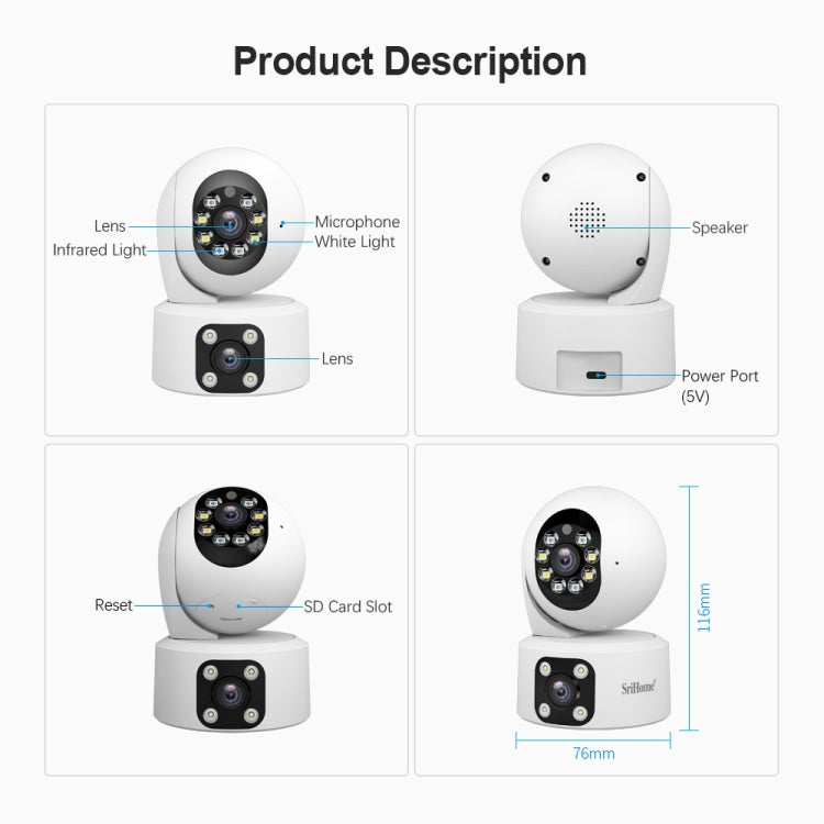 SriHome SH049 2MP + 2MP Humanoid Tracking Smart Night Vision Dual Lens HD IP Camera(AU Plug) by SriHome