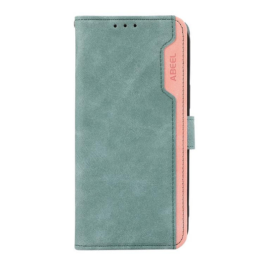 For iPhone 16e ABEEL Color Block Magnetic RFID Leather Phone Case(Cyan-Pink) by bashfashion