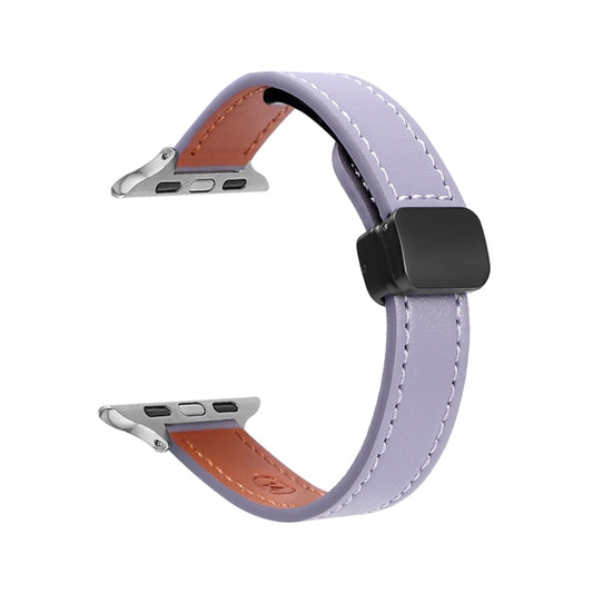 For Apple Watch Ultra 2 49mm Slim Magnetic Buckle Genuine Leather Watch Band(Plain Purple) by bashfashion