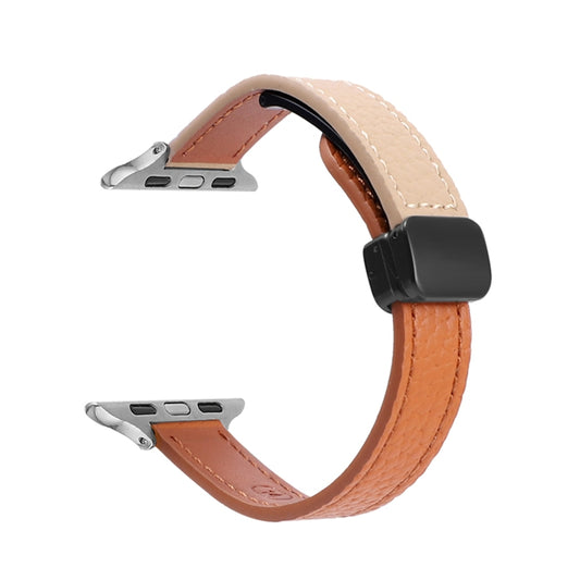 For Apple Watch Ultra 2 49mm Slim Magnetic Buckle Genuine Leather Watch Band(Litchi Orange Apricot) by bashfashion