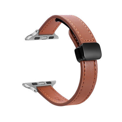 For Apple Watch SE 2022 40mm Slim Magnetic Buckle Genuine Leather Watch Band(Plain Brown) by bashfashion