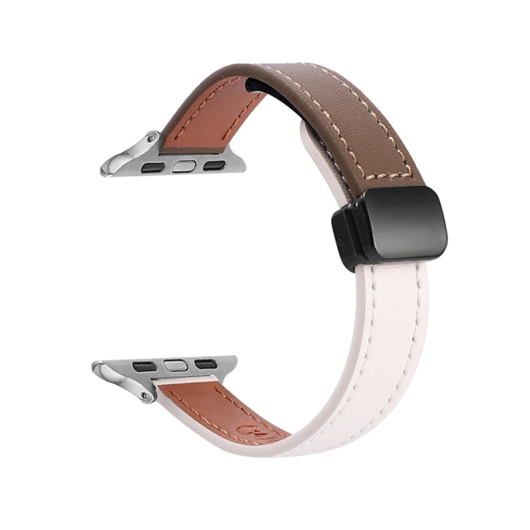 For Apple Watch SE 2022 44mm Slim Magnetic Buckle Genuine Leather Watch Band(Plain Beige Coffee) by bashfashion