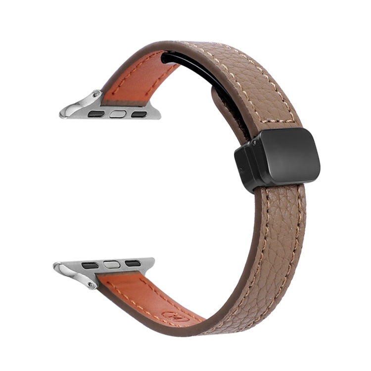 For Apple Watch Series 7 45mm Slim Magnetic Buckle Genuine Leather Watch Band(Litchi Coffee) by bashfashion