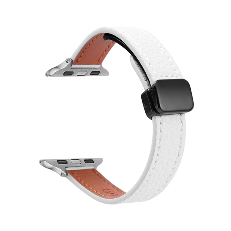 For Apple Watch SE 40mm Slim Magnetic Buckle Genuine Leather Watch Band(Litchi Beige) by bashfashion