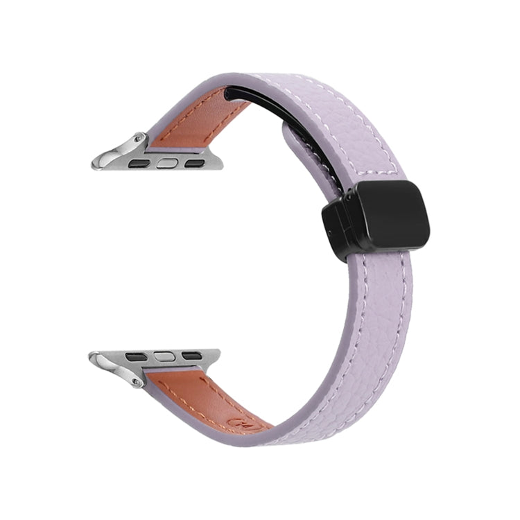 For Apple Watch Series 3 38mm Slim Magnetic Buckle Genuine Leather Watch Band(Litchi Lavender) by bashfashion