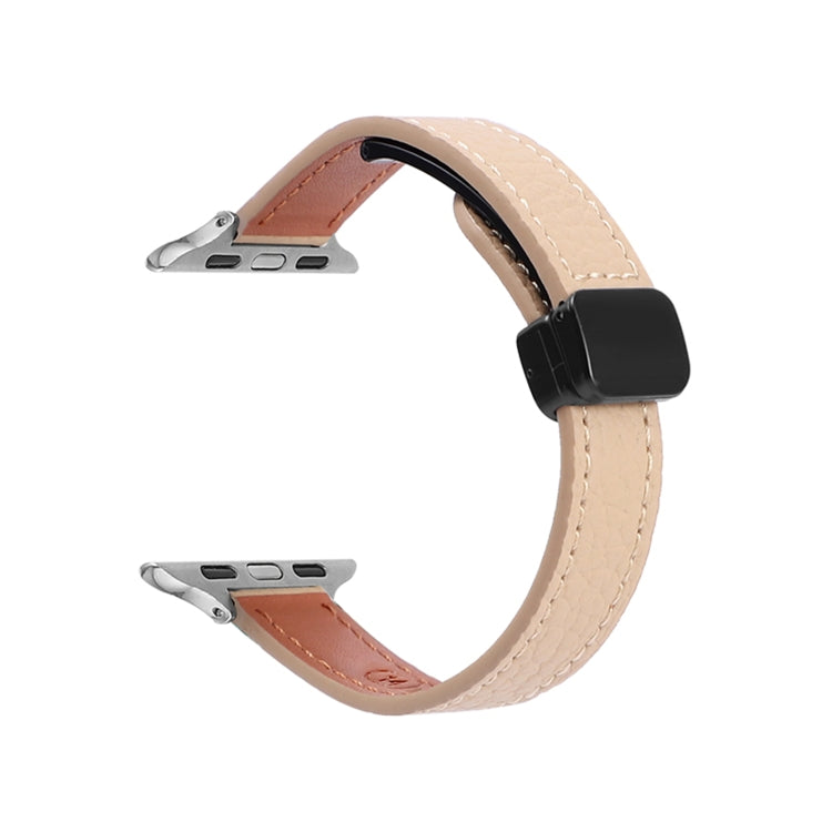 For Apple Watch Series 3 42mm Slim Magnetic Buckle Genuine Leather Watch Band(Litchi Apricot) by bashfashion