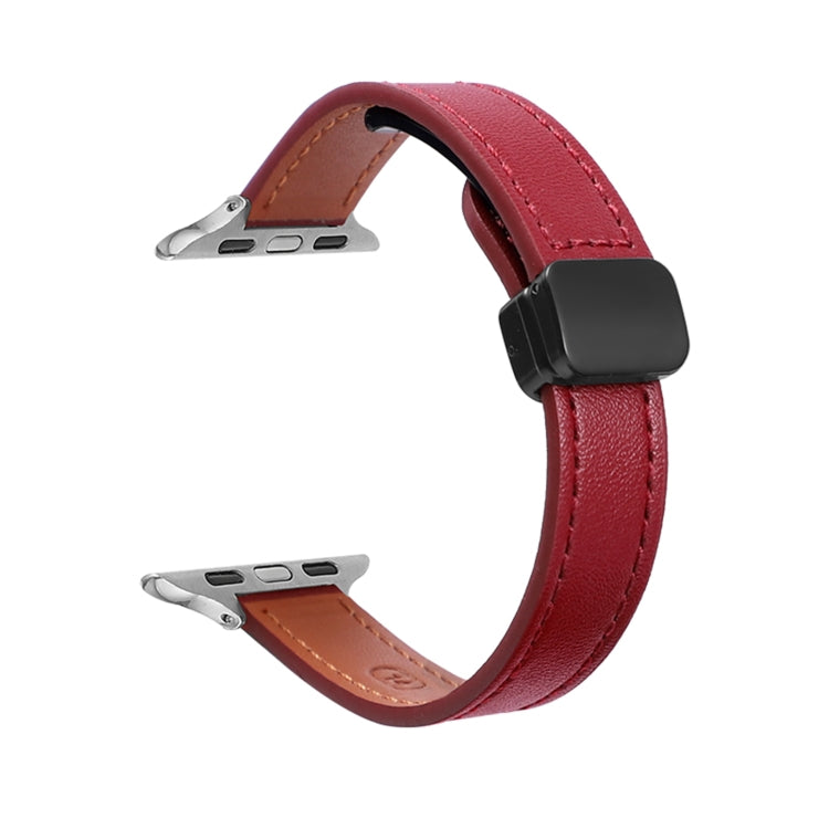 For Apple Watch 42mm Slim Magnetic Buckle Genuine Leather Watch Band(Plain Wine Red) by bashfashion