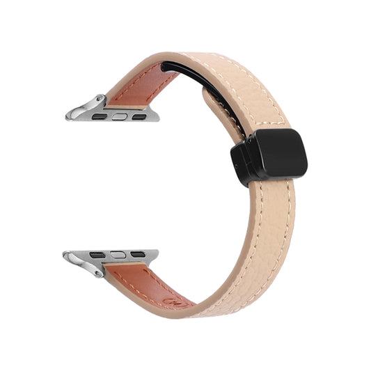 For Apple Watch 42mm Slim Magnetic Buckle Genuine Leather Watch Band(Litchi Apricot) by bashfashion