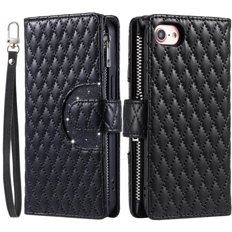 For iPhone 16e Glitter Lattice Zipper Wallet Leather Phone Case(Black) by bashfashion