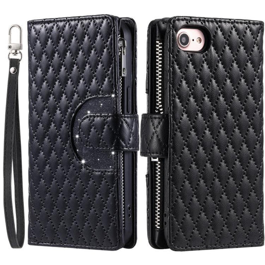 For iPhone 16e Glitter Lattice Zipper Wallet Leather Phone Case(Black) by bashfashion