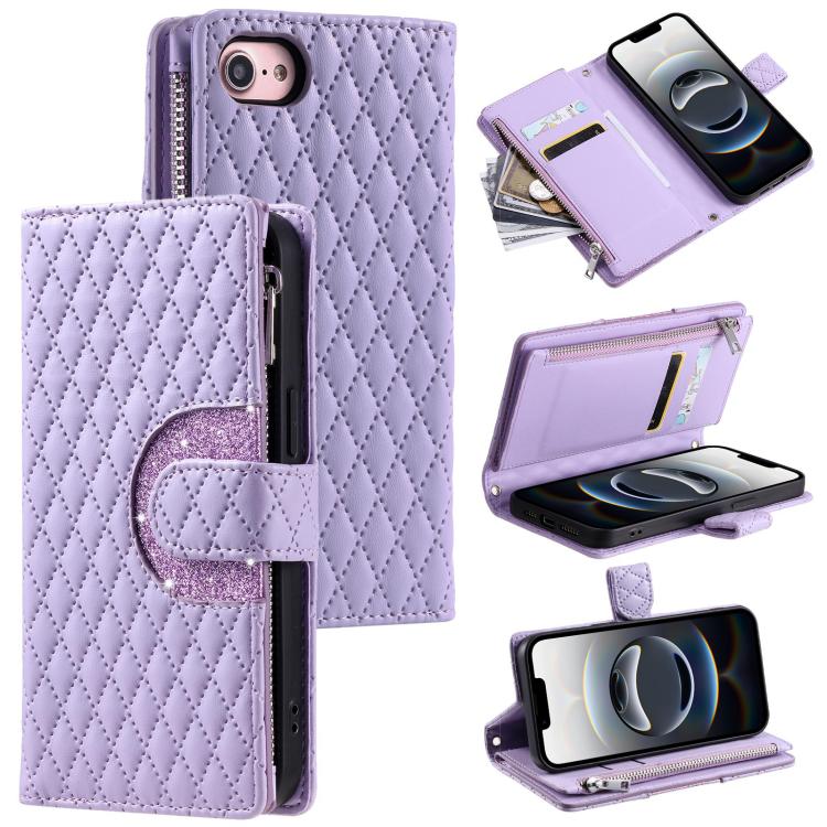 For iPhone 16e Glitter Lattice Zipper Wallet Leather Phone Case(Purple) by bashfashion