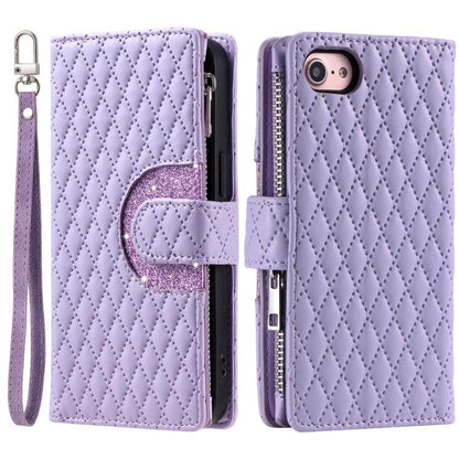 For iPhone 16e Glitter Lattice Zipper Wallet Leather Phone Case(Purple) by bashfashion