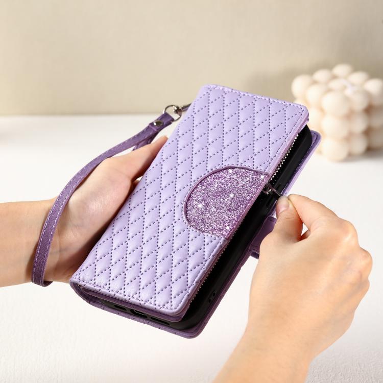 For iPhone 16e Glitter Lattice Zipper Wallet Leather Phone Case(Purple) by bashfashion