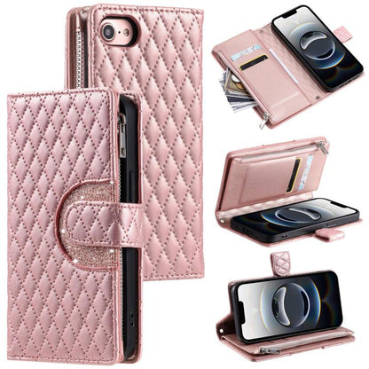 For iPhone 16e Glitter Lattice Zipper Wallet Leather Phone Case(Rose Gold) by bashfashion