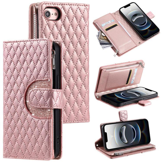 For iPhone 16e Glitter Lattice Zipper Wallet Leather Phone Case(Rose Gold) by bashfashion