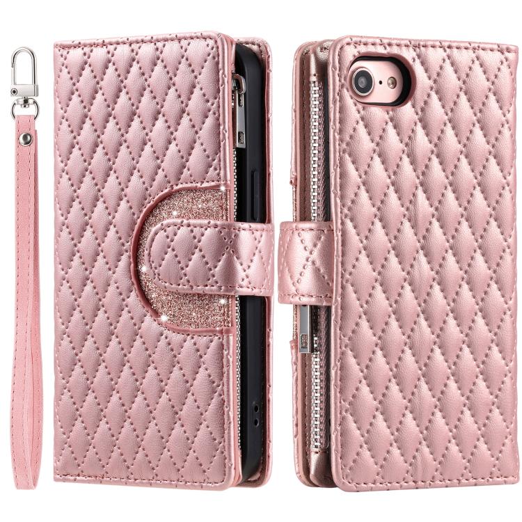 For iPhone 16e Glitter Lattice Zipper Wallet Leather Phone Case(Rose Gold) by bashfashion