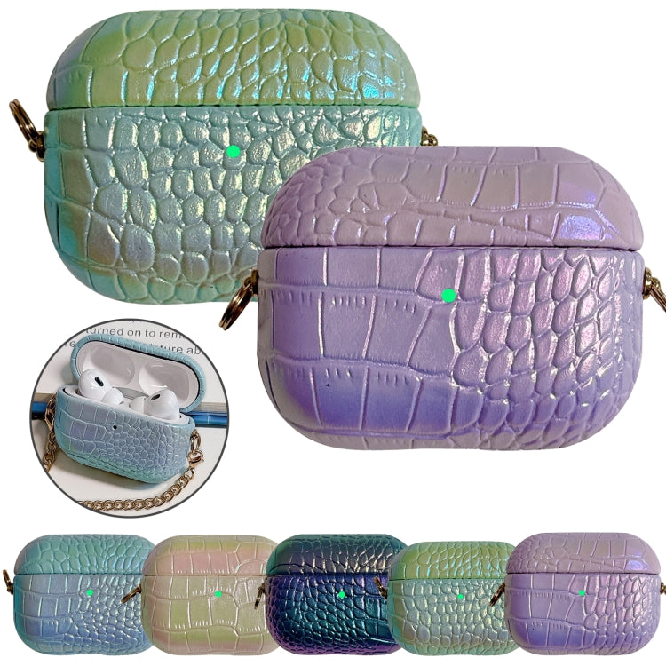 For AirPods Pro 2 Colorful Crocodile Pattern PC Earphone Case with Anti-lost Metal Long Chain(Light Blue) by bashfashion