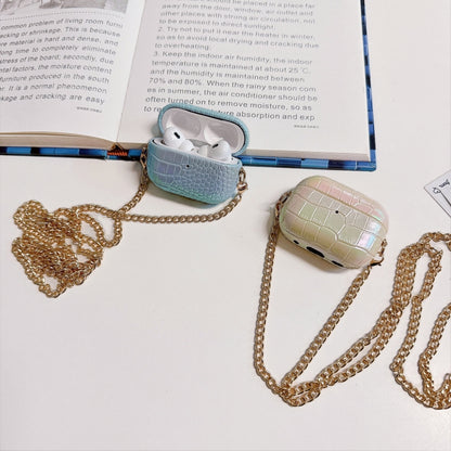 For AirPods Pro 2 Colorful Crocodile Pattern PC Earphone Case with Anti-lost Metal Long Chain(Light Blue) by bashfashion