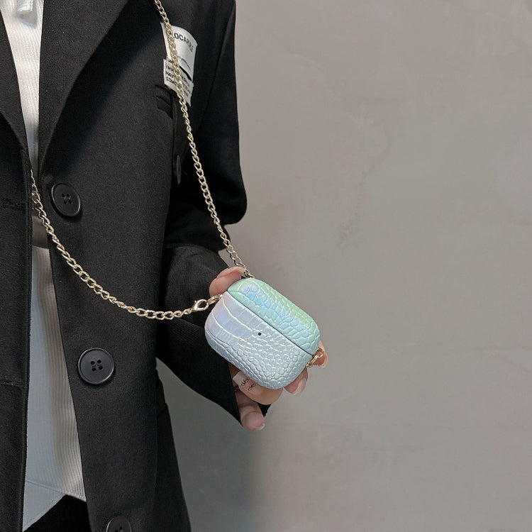 For AirPods Pro 2 Colorful Crocodile Pattern PC Earphone Case with Anti-lost Metal Long Chain(Light Blue) by bashfashion