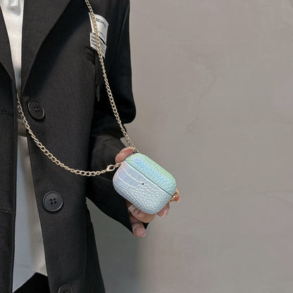 For AirPods Pro 2 Colorful Crocodile Pattern PC Earphone Case with Anti-lost Metal Long Chain(Light Blue) by bashfashion