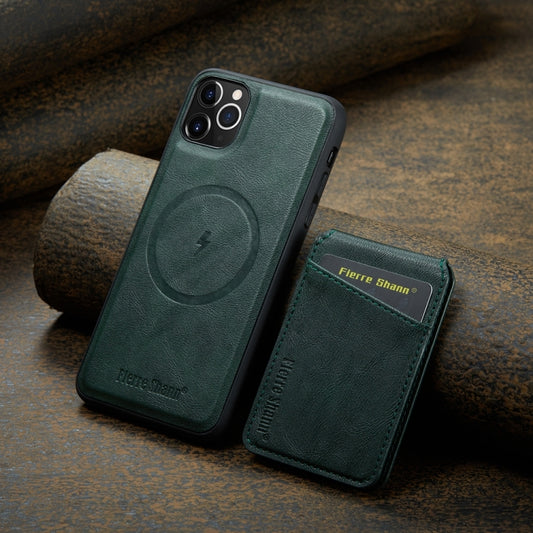 For iPhone 11 Pro Max Fierre Shann Cowhide Vertical Flip Magnetic Card Holder Phone Case(Green) by FIERRE SHANN
