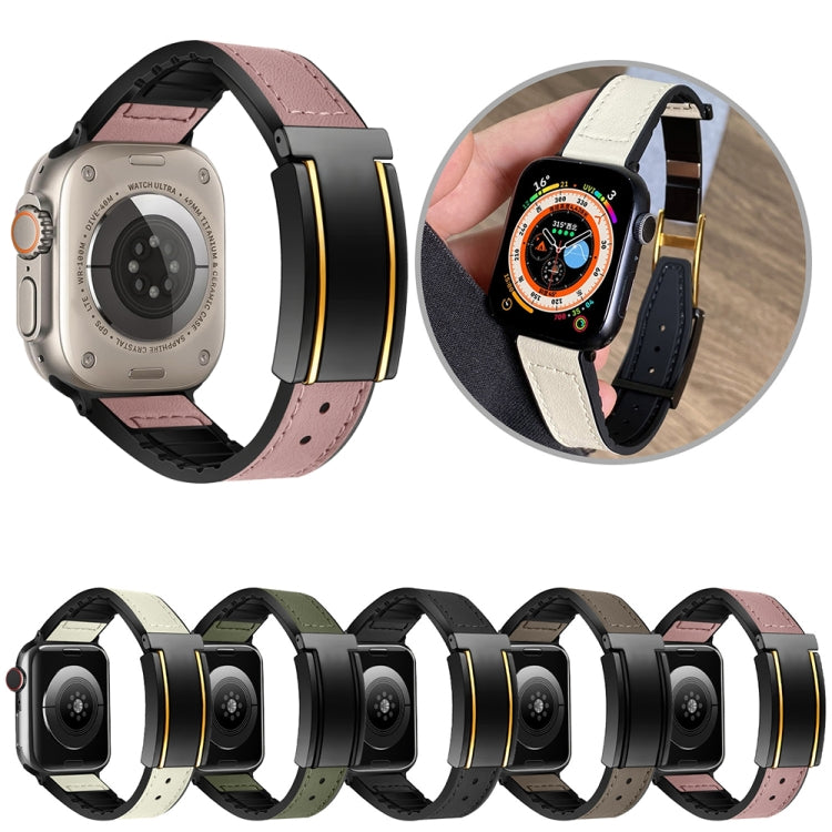 For Apple Watch Series 3 42mm Trapezoid Fold Magnetic Buckle Silicone PU Watch Band(Black Gold) by bashfashion