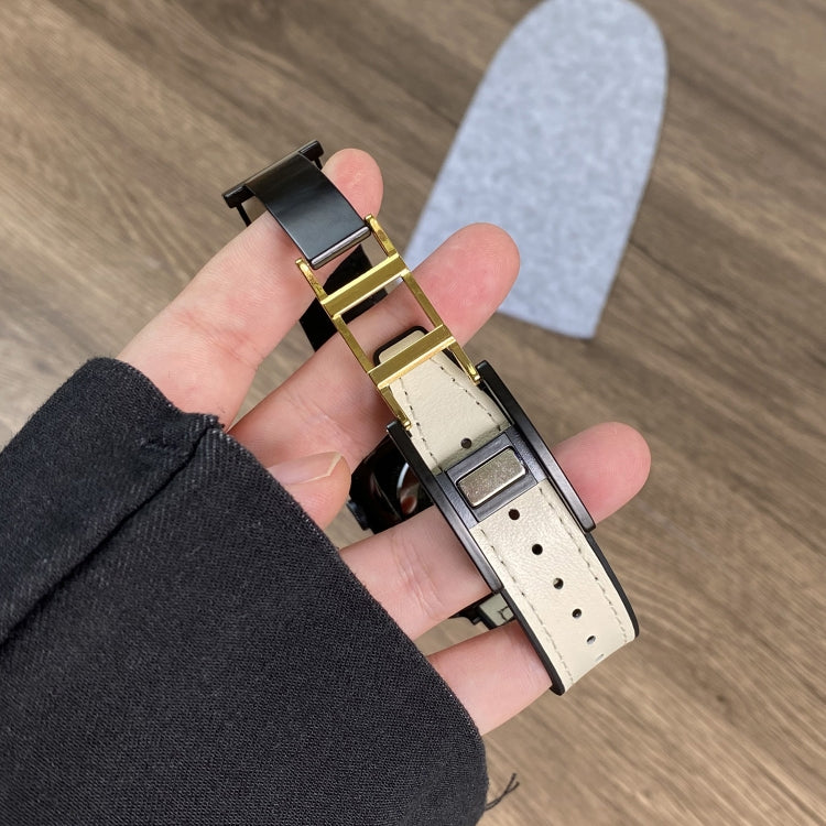 For Apple Watch Series 2 42mm Trapezoid Fold Magnetic Buckle Silicone PU Watch Band(Beige Gold) by bashfashion