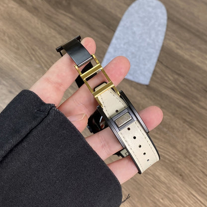 For Apple Watch 42mm Trapezoid Fold Magnetic Buckle Silicone PU Watch Band(Black Gold) by bashfashion